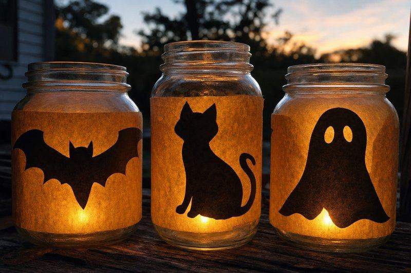 Three glowing Halloween jar lanterns with black paper silhouettes at dusk — AI-generated image
