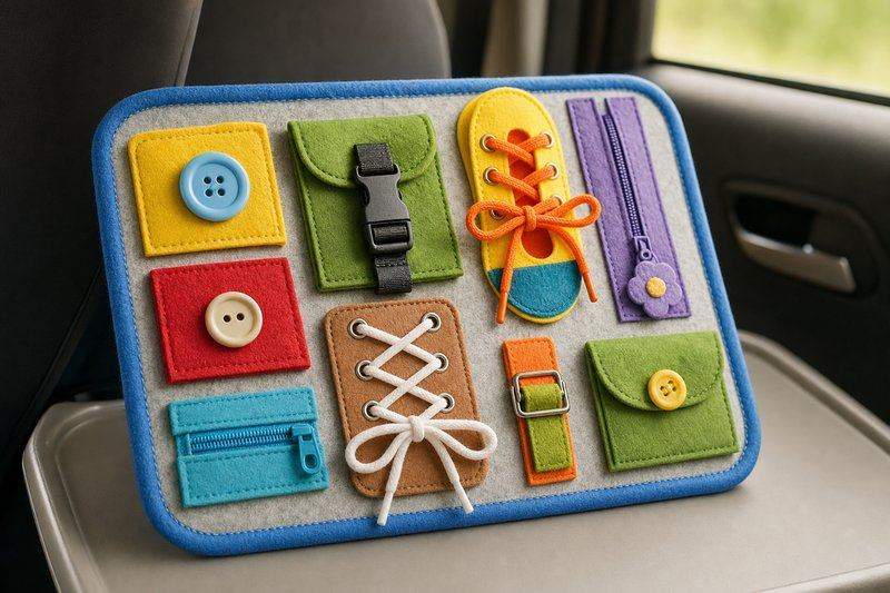 A finished felt busy board for a toddler covered with zippers, buttons, laces, and a buckle — AI-generated image