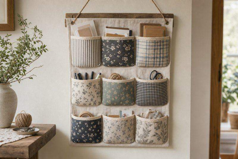 A finished multi-row fabric wall pocket organizer hanging with mail and craft supplies tucked inside — AI-generated image