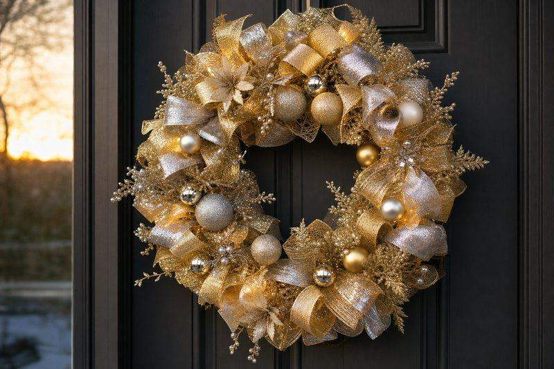 A finished New Year's wreath in gold and silver with sparkly ribbon accents and ornaments — AI-generated image