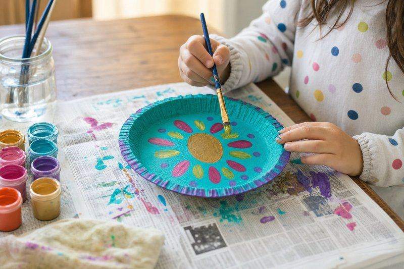 A child's hands painting a pie tin craft with a small paintbrush at a table — AI-generated image