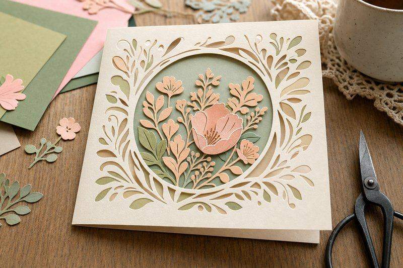 A finished handmade greeting card with an intricate die-cut paper design — AI-generated image