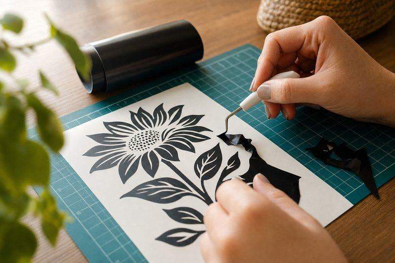 Hands using a small hook tool to weed excess vinyl away from a freshly cut decal design — AI-generated image
