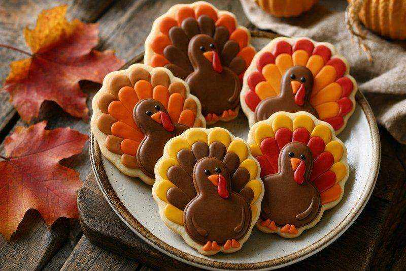 A small platter of several decorated turkey cookies arranged together on a wooden board — AI-generated image