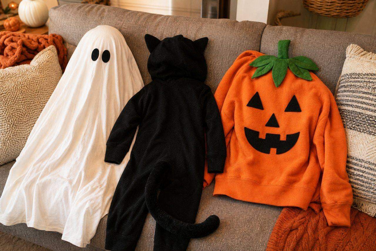 Three coordinated homemade Halloween costumes: a ghost, a black cat, and a pumpkin — AI-generated image