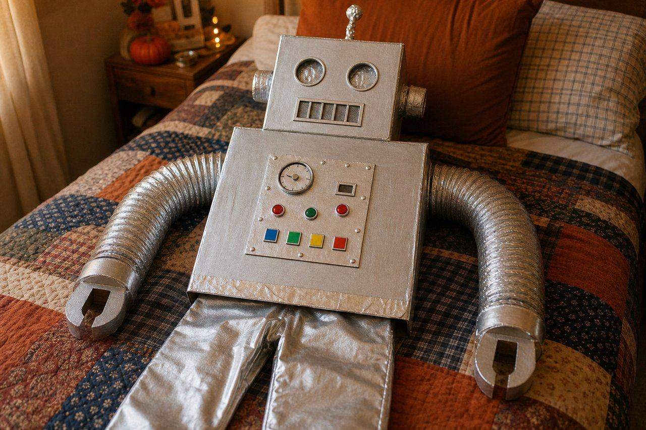 A homemade cardboard-box robot costume with foil details and dryer-hose arms, laid out ready to wear — AI-generated image