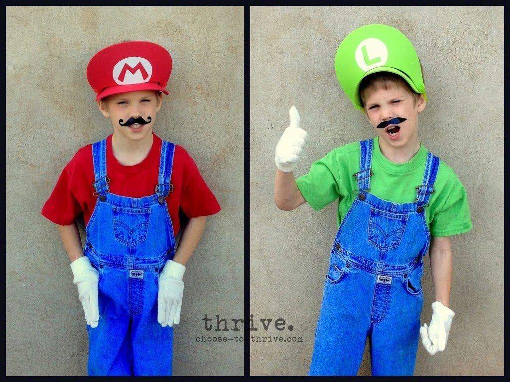 A pair of last-minute Mario and Luigi costumes from red and green shirts, overalls, and paper hats — AI-generated image