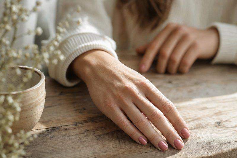 Close-up of a hand with short nails painted in a soft rose-pink polish, resting on a wooden table — AI-generated image