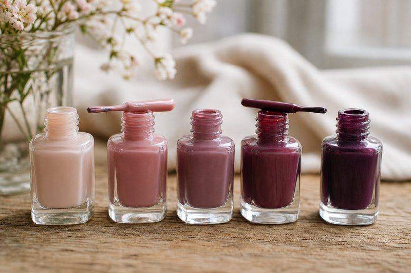 Five open nail polish bottles arranged in a coordinated palette from soft nude to deep plum — AI-generated image