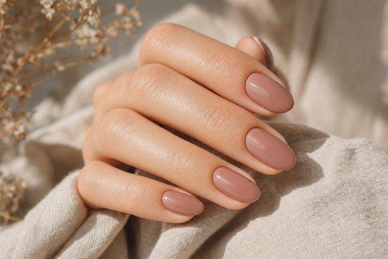 A hand with elegant almond-shaped nails in a classic nude-rose polish — AI-generated image