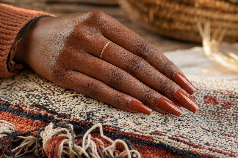 A hand with deeper skin tone showing long coffin-shaped nails in a warm terracotta polish — AI-generated image