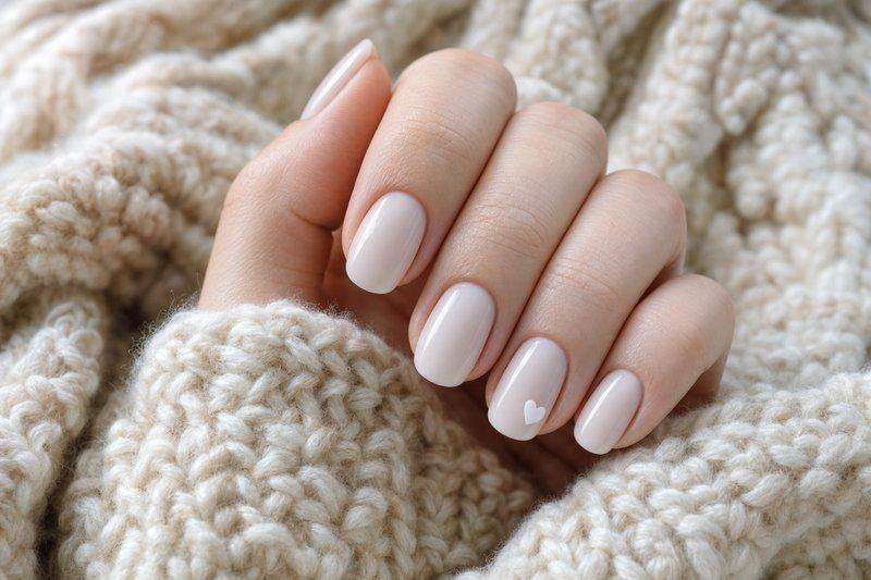 A hand with milky white soft nails and a small heart accent on the ring finger — AI-generated image