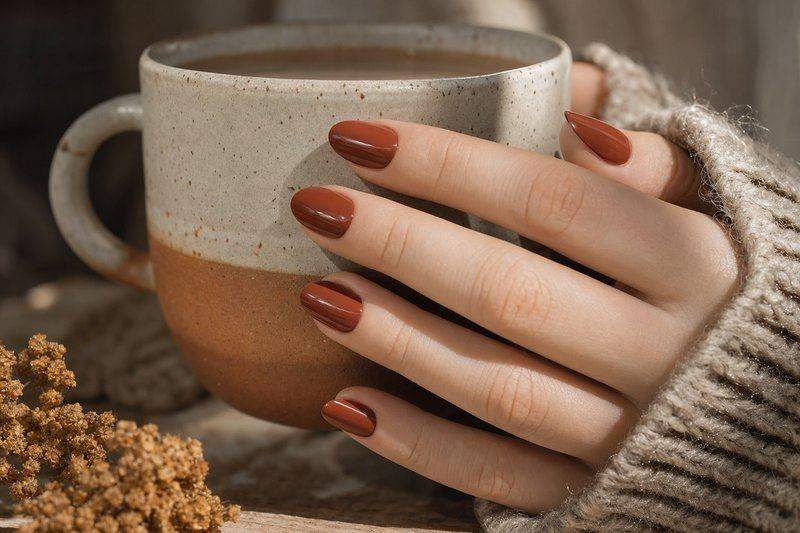 A hand with deep terracotta nails wearing a cozy knit sweater sleeve, holding a warm mug — AI-generated image