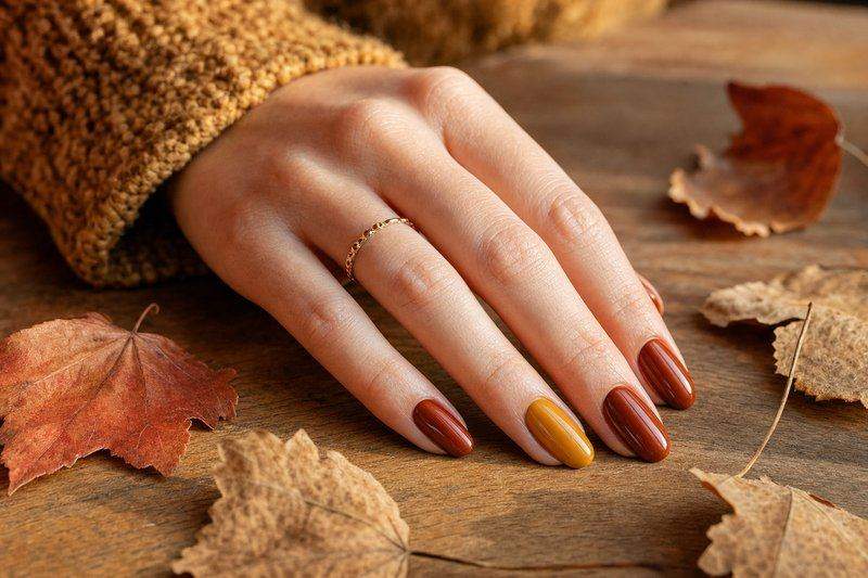 A hand with a two-tone rust and mustard fall nail look on a wooden table with dried leaves — AI-generated image