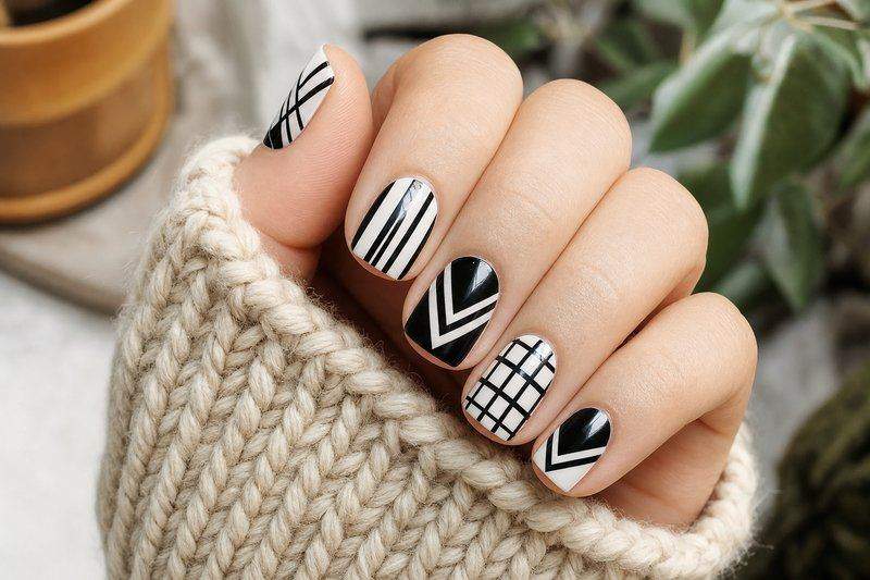 A hand with bold black-and-white geometric nail art made with striping tape — AI-generated image