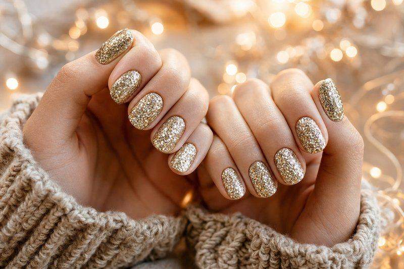 A hand with all ten nails in bold gold and champagne chunky glitter polish, party lights blurred — AI-generated image