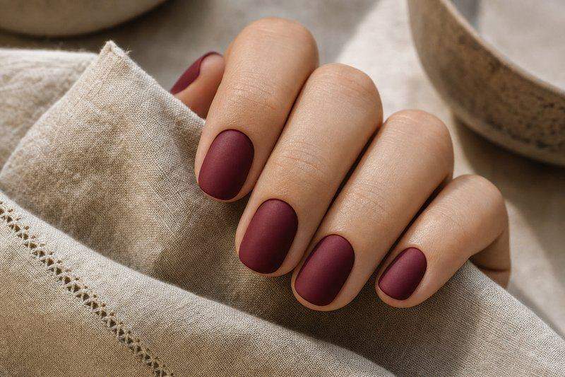 A hand with nails painted a bold deep berry matte polish, resting on a linen napkin — AI-generated image