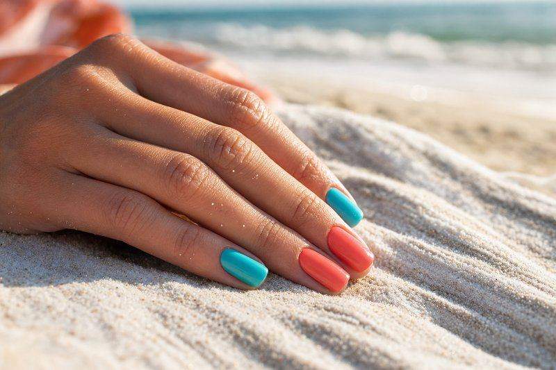 A hand with bright turquoise and coral nail polish resting on a sandy beach towel — AI-generated image