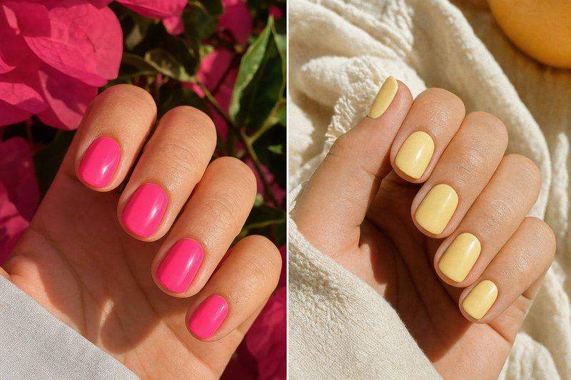 Two hands side by side, one with bright neon-pink nail polish and one with soft pastel-yellow — AI-generated image
