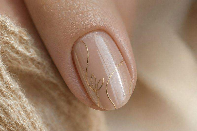 Close-up of one fingernail with delicate thin gold line-art accents on a sheer nude base — AI-generated image