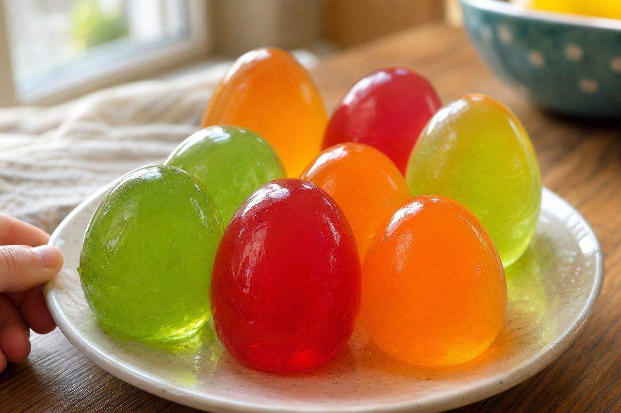 Colorful jiggly gelatin molded into smooth egg shapes in several fruit-flavored colors — AI-generated image
