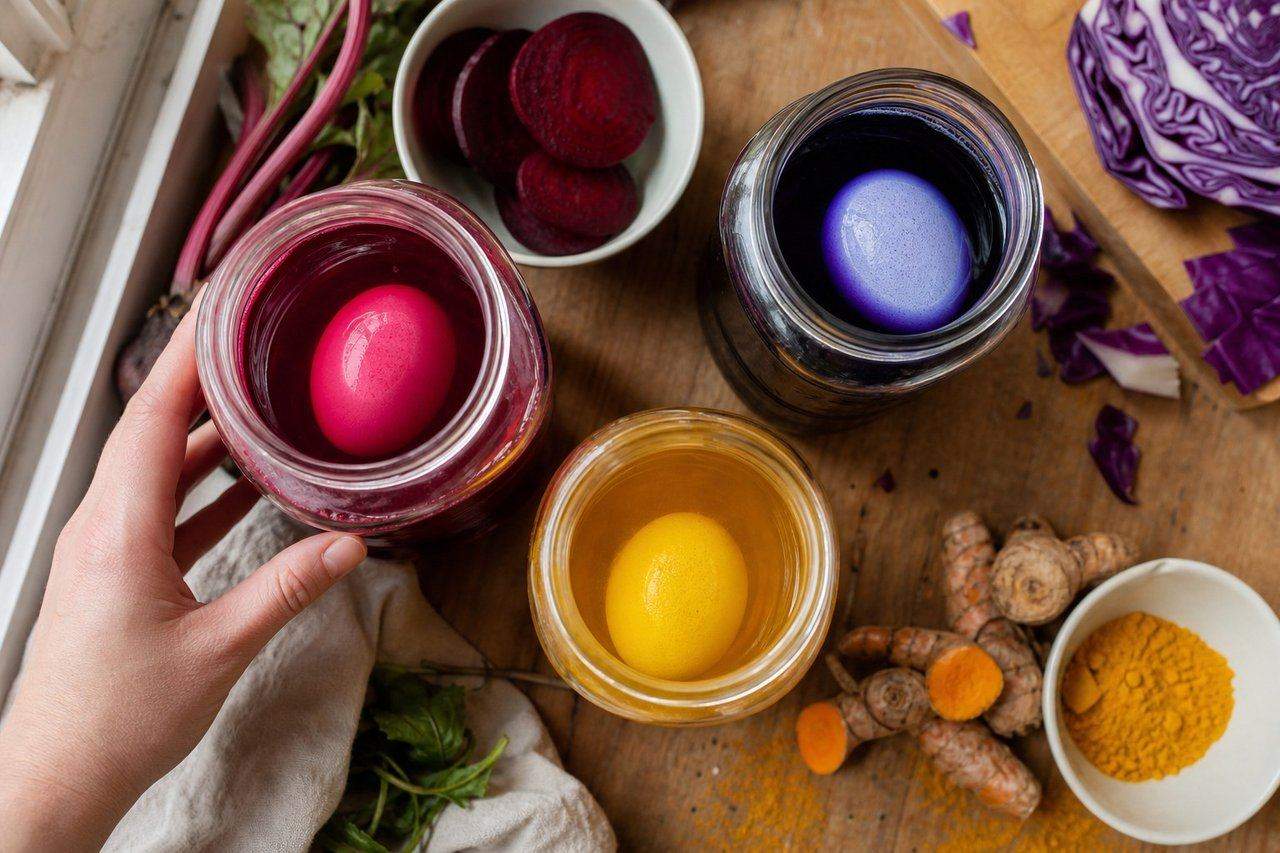 Jars of naturally colored dye made from beet juice, turmeric, and red cabbage, with eggs soaking — AI-generated image
