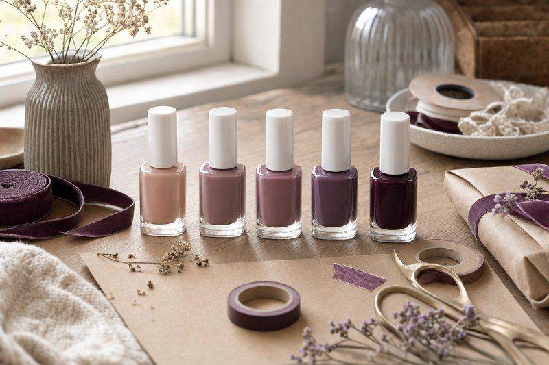 A row of nail polish bottles arranged in a coordinated color gradient — AI-generated image